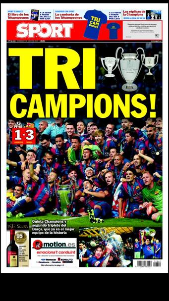 Il triplete ritorna sulla prima pagina anche del catalano Sport: TRI CAMPIONS